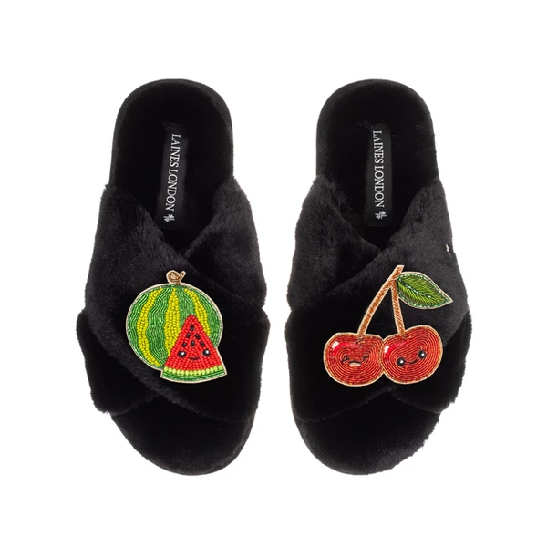 Laines London Classic Slippers With Laines Lovables Watermelon & Cherry Brooches