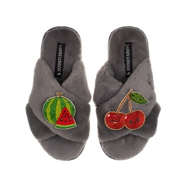 Laines London Classic Slippers With Laines Lovables Watermelon & Cherry Brooches