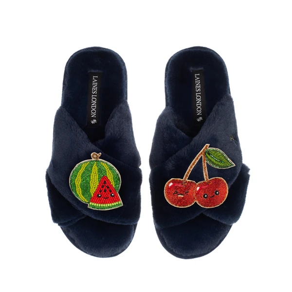 Laines London Classic Slippers With Laines Lovables Watermelon & Cherry Brooches
