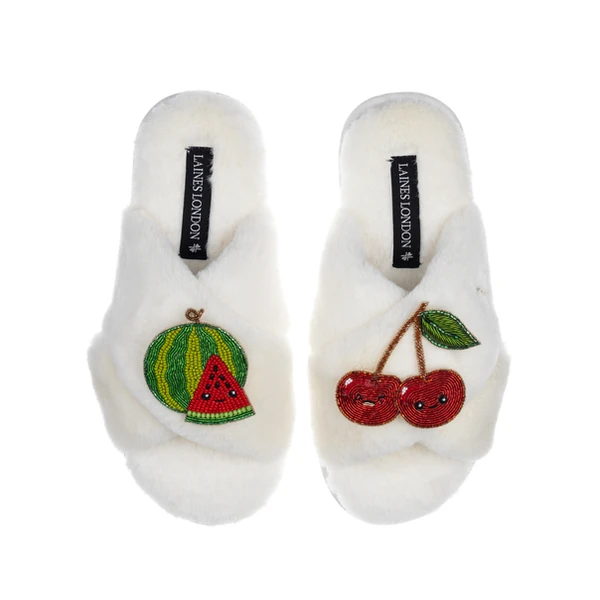 laines london Classic Slippers With Laines Lovables Watermelon & Cherry Brooches