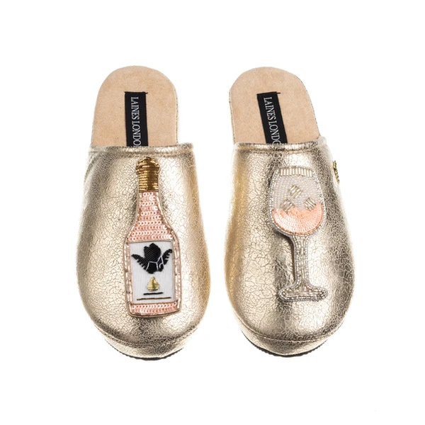 Laines London Gold Softie Slippers With Angelic Rose Wine Brooches
