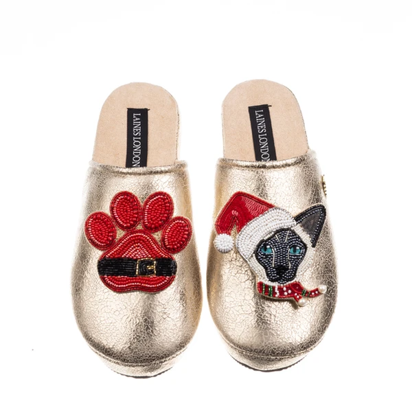 laines london Gold Softie Slippers With Christmas Black & White Siamese Cat & Paw Brooches