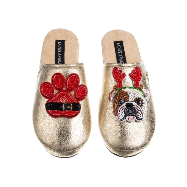 Laines London Gold Softie Slippers With Christmas British Bulldog & Paw Brooches
