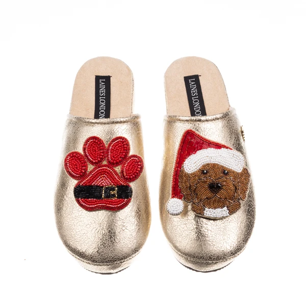 laines london Gold Softie Slippers With Christmas Brown Cockapoo & Paw Brooches