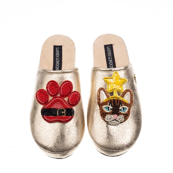 laines london Gold Softie Slippers With Christmas Brown/Orange Tabby Cat & Paw Brooches