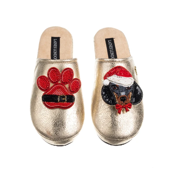 Laines London Gold Softie Slippers With Christmas Dachshund & Paw Brooches