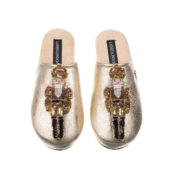 laines london Gold Softie Slippers With Christmas Double Gold Grand Nutcrackers Brooches