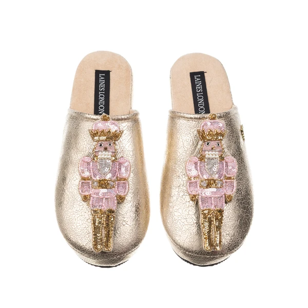 laines london Gold Softie Slippers With Christmas Double Pink Grand Nutcrackers Brooches