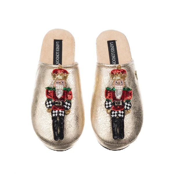 Laines London Gold Softie Slippers With Christmas Double Red Grand Nutcrackers Brooches