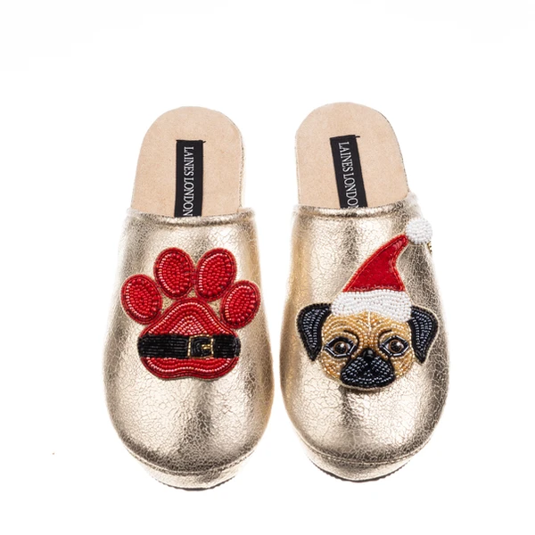 laines london Gold Softie Slippers With Christmas Fawn Pug & Paw Brooches