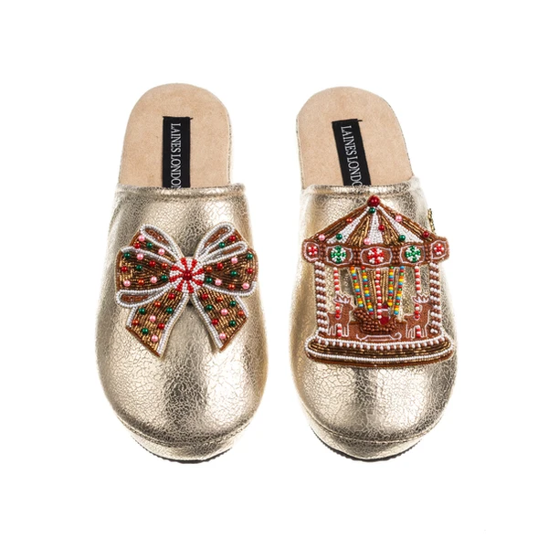 Laines London Gold Softie Slippers With Christmas Gingerbread Bow & Carousel Brooches