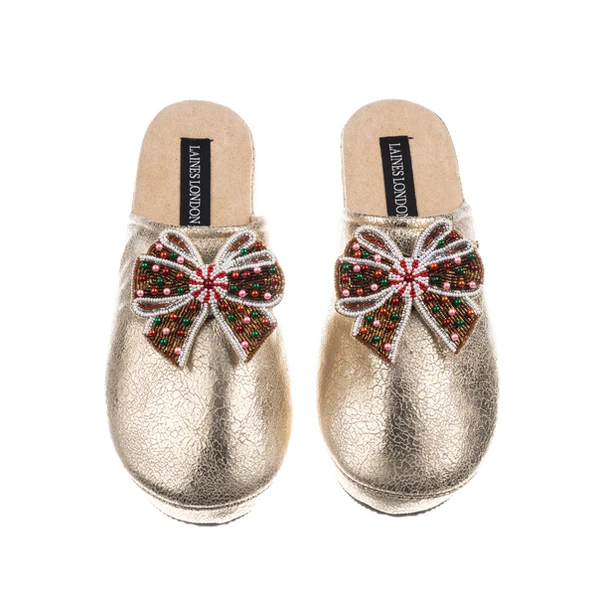 laines london Gold Softie Slippers With Christmas Gingerbread Bows Brooches