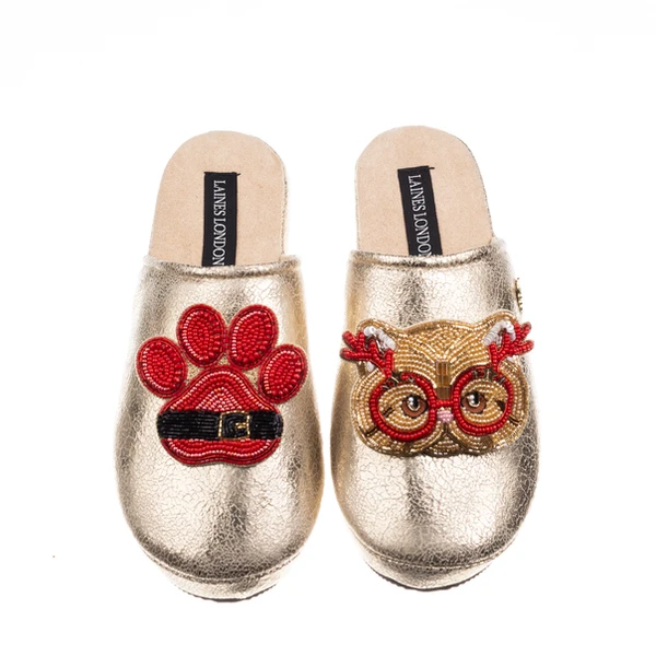 Laines London Gold Softie Slippers With Christmas Golden British Shorthair Cat & Paw