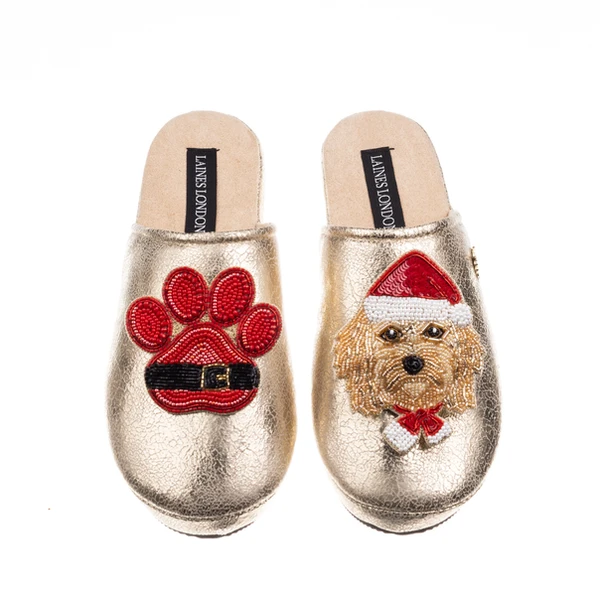 laines london Gold Softie Slippers With Christmas Golden Cavapoo & Paw Brooches