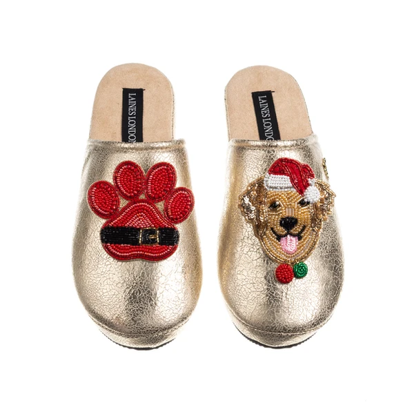 laines london Gold Softie Slippers With Christmas Golden Retriever & Paw Brooches