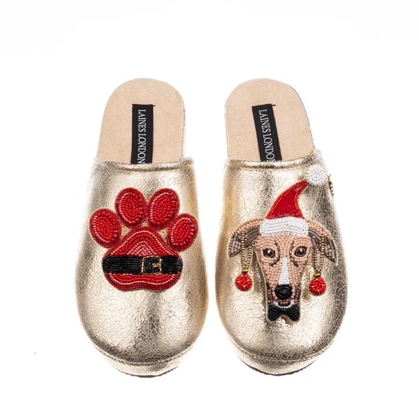Laines London Gold Softie Slippers With Christmas Greyhound & Paw Brooches