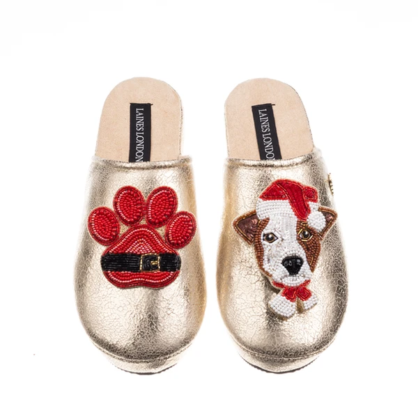 laines london Gold Softie Slippers With Christmas Jack Russell & Paw Brooches