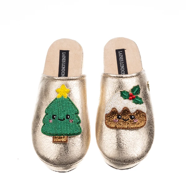Laines London Gold Softie Slippers With Christmas Lovable Pudding & Tree Brooches