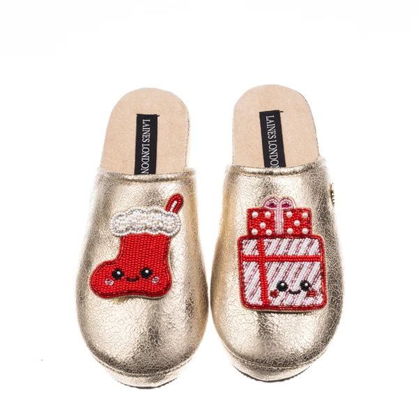 laines london Gold Softie Slippers With Christmas Lovable Stocking & Gift Brooches