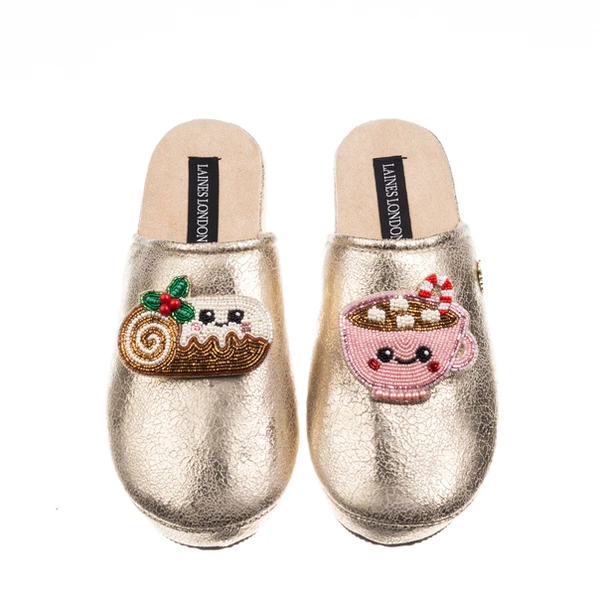 Laines London Gold Softie Slippers With Christmas Lovable Yule Log & Hot Chocolate Brooches