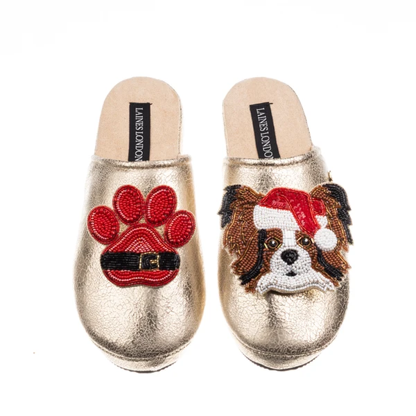 laines london Gold Softie Slippers With Christmas Papillon & Paw Brooches