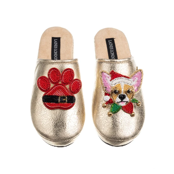 laines london Gold Softie Slippers With Christmas Papillon & Paw Brooches