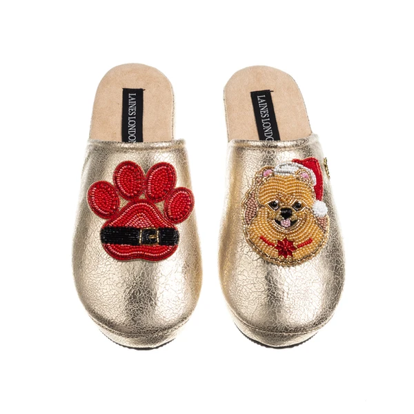 laines london Gold Softie Slippers With Christmas Pomeranian & Paw Brooches
