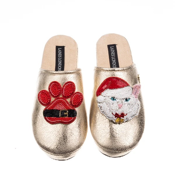 Laines London Gold Softie Slippers With Christmas White Persian Cat & Paw Brooches