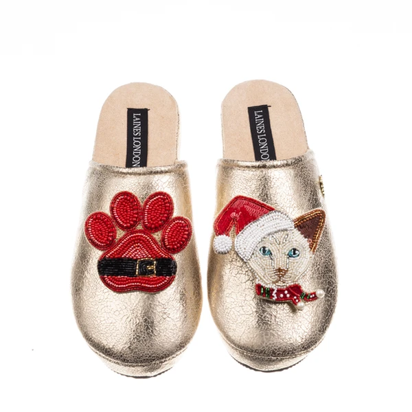 laines london Gold Softie Slippers With Christmas White Siamese Cat & Paw Brooches