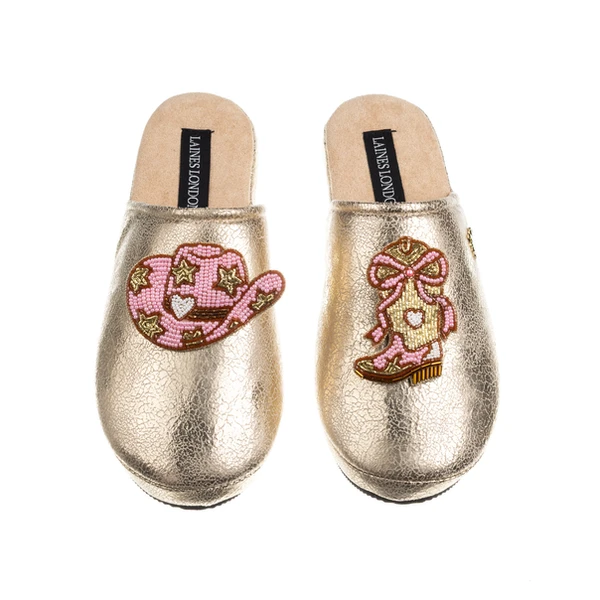 laines london Gold Softie Slippers With Cowgirl Hat & Cowgirl Boots Brooches