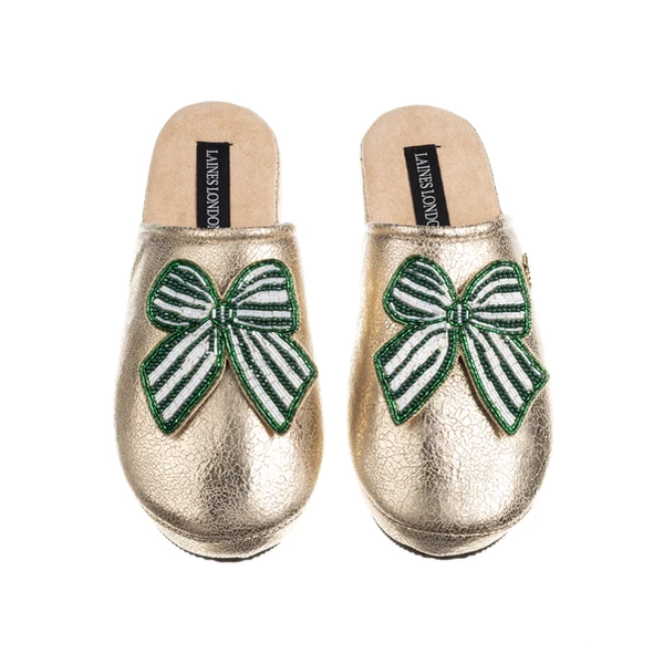 Laines London Gold Softie Slippers With Stripe Green Bow Brooches