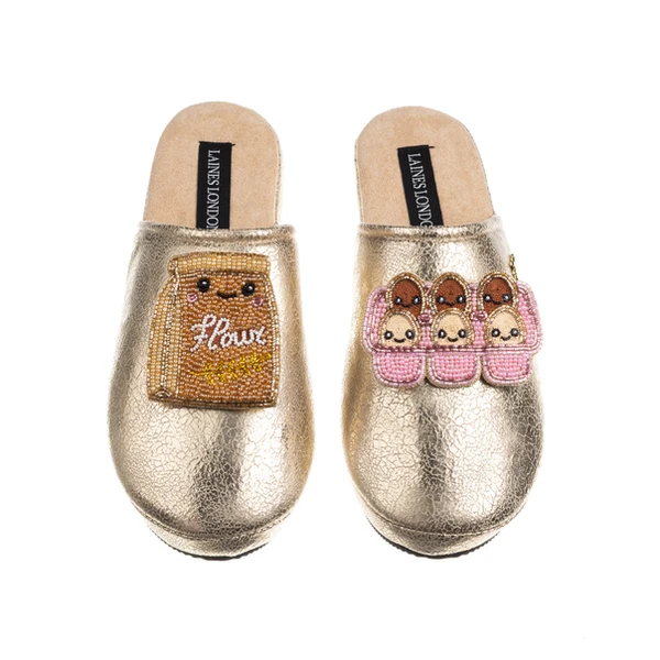 laines london Gold Softie Slippers With With Laines Lovables Flour & Eggs Brooches