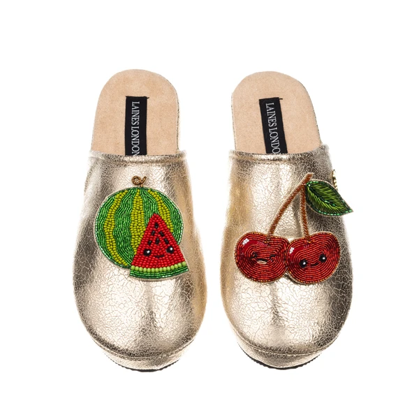 Laines London Gold Softies With Laines Lovables Watermelon & Cherry Brooches