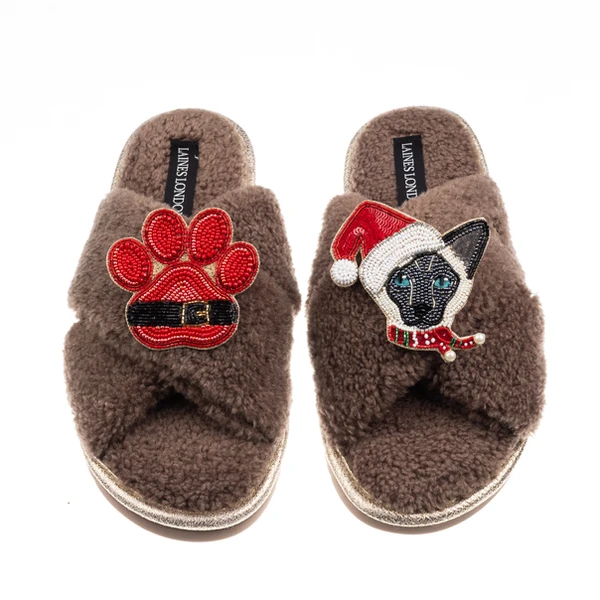 Laines London Laines Boucle Slippers With Christmas Black & White Siamese Cat & Paw Brooches