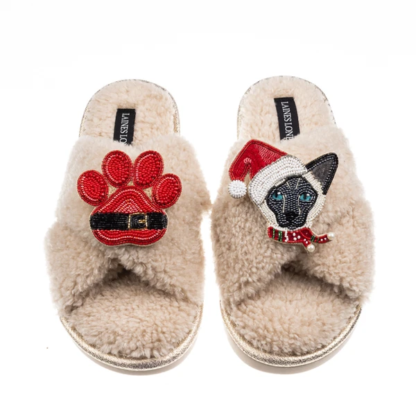 Laines London Laines Boucle Slippers With Christmas Black & White Siamese Cat & Paw Brooches