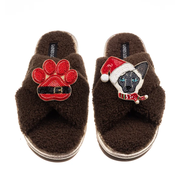 Laines London Laines Boucle Slippers With Christmas Black & White Siamese Cat & Paw Brooches
