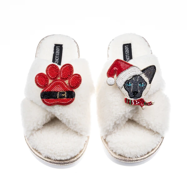 laines london Laines Boucle Slippers With Christmas Black & White Siamese Cat & Paw Brooches