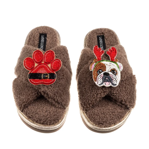 Laines London Laines Boucle Slippers With Christmas British Bulldog & Paw Brooches