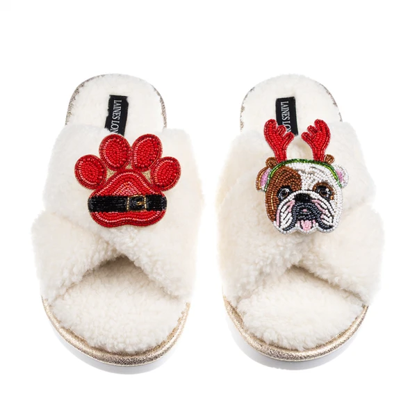 Laines London Laines Boucle Slippers With Christmas British Bulldog & Paw Brooches