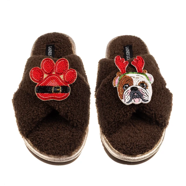 Laines London Laines Boucle Slippers With Christmas British Bulldog & Paw Brooches