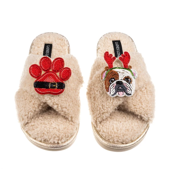 laines london Laines Boucle Slippers With Christmas British Bulldog & Paw Brooches
