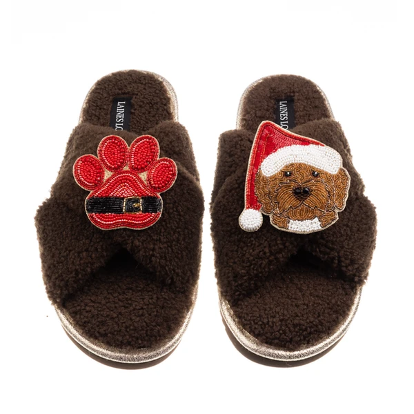 Laines London Laines Boucle Slippers With Christmas Brown Cockapoo & Paw Brooches