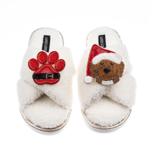 Laines London Laines Boucle Slippers With Christmas Brown Cockapoo & Paw Brooches