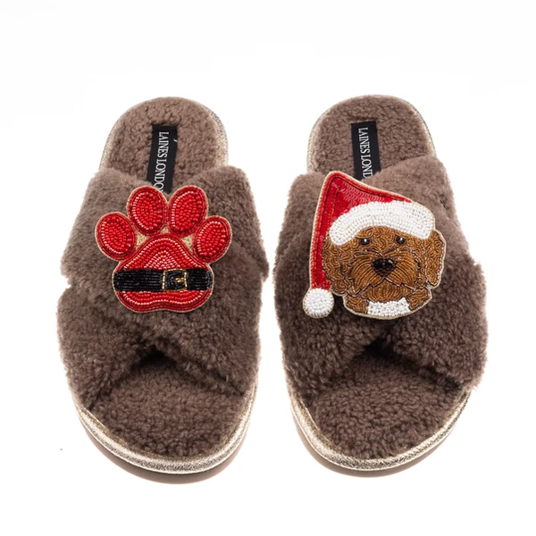 Laines London Laines Boucle Slippers With Christmas Brown Cockapoo & Paw Brooches
