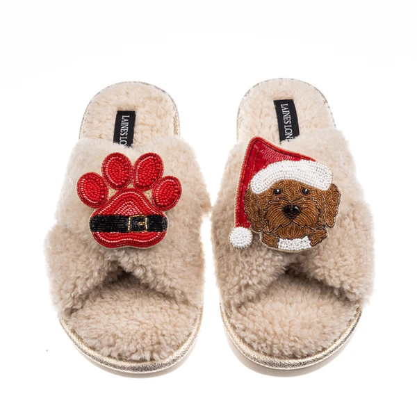 laines london Laines Boucle Slippers With Christmas Brown Cockapoo & Paw Brooches