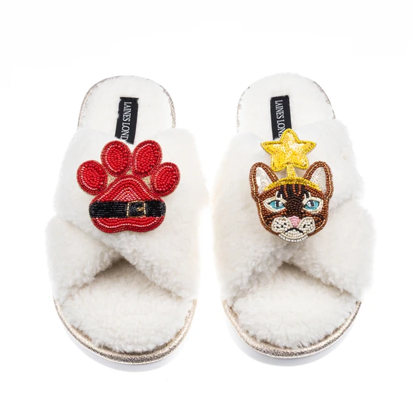 Laines London Laines Boucle Slippers With Christmas Brown/Orange Tabby Cat & Paw Brooches