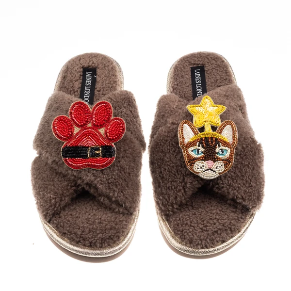 Laines London Laines Boucle Slippers With Christmas Brown/Orange Tabby Cat & Paw Brooches