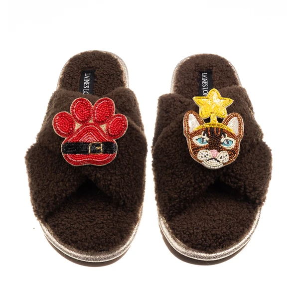 Laines London Laines Boucle Slippers With Christmas Brown/Orange Tabby Cat & Paw Brooches