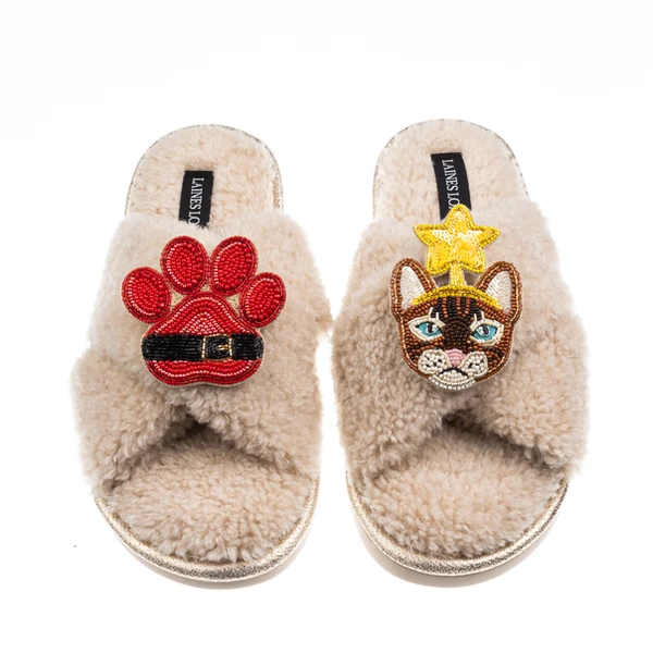 laines london Laines Boucle Slippers With Christmas Brown/Orange Tabby Cat & Paw Brooches