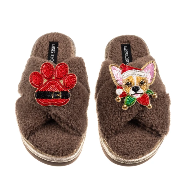 Laines London Laines Boucle Slippers With Christmas Chihuahua & Paw Brooches